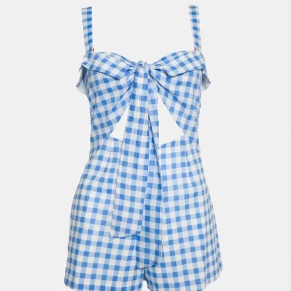 FOR LOVE AND LEMONS Gingham Blue Dixie Bow Romper, Size S - Picture 2 of 15